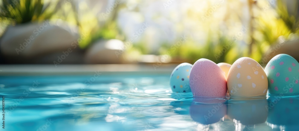 Easter eggs floating in a tranquil pool setting perfect for wellness relaxation and festive spring celebrations Easter eggs floating in a tranquil pool setting perfect for wellness relaxation and festive spring celebrations