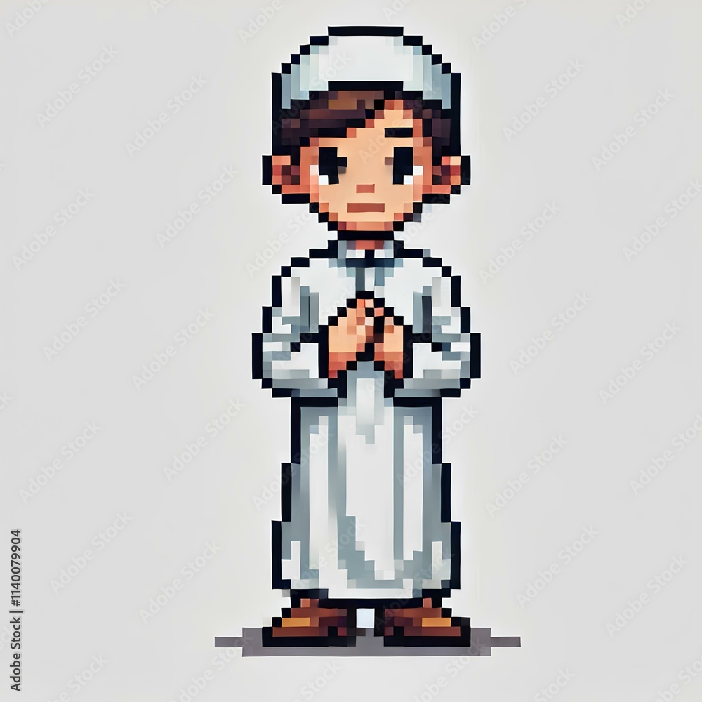 Pixel Art Muslim Boy with Folded Hands Pixel Art Muslim Boy with Folded Hands