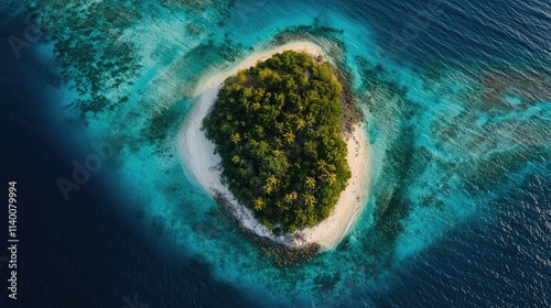 Aerial view of Direction Island showcasing lush greenery surrounded by vibrant turquoise waters and coral reefs in a tropical paradise.
