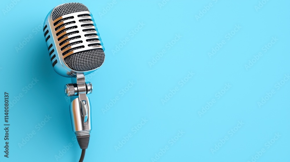 Fototapeta premium Retro Microphone on Blue Background Podcast Radio Broadcasting Music