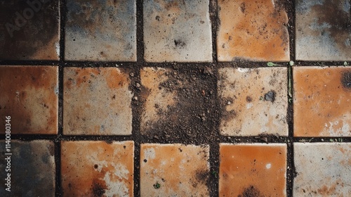 Dirty tiled floor with stained grout and grime accumulation showcasing neglect and the need for cleaning or restoration.