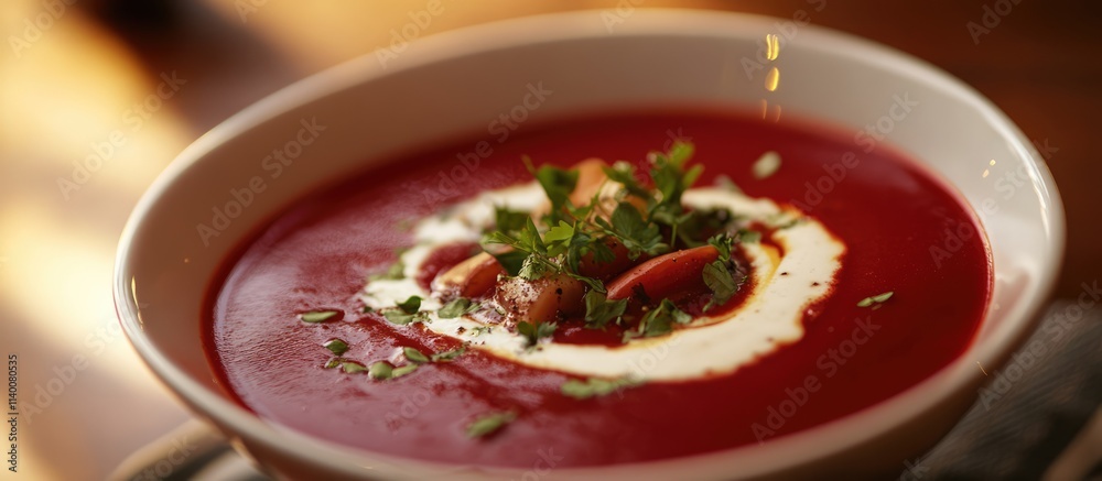 Traditional Zurek soup garnished with cream and herbs in a white bowl served on a rustic table, showcasing Polish cuisine and culture.