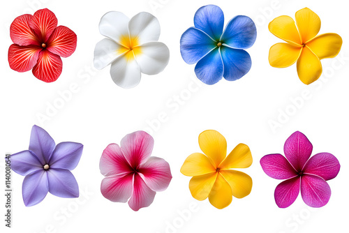  Frangipani bloom flowers collection top view isolated on white background