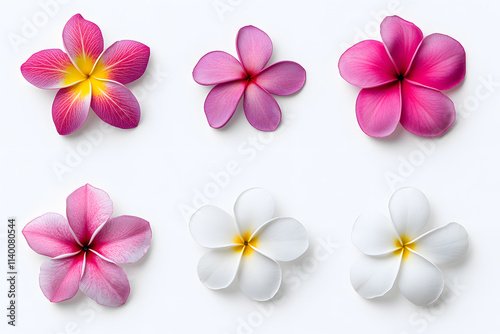  Frangipani bloom flowers collection top view isolated on white background