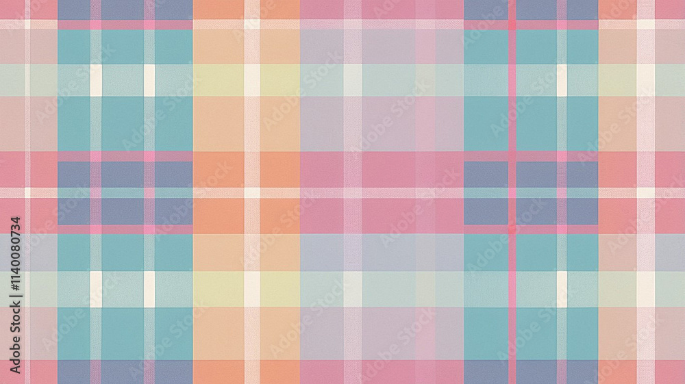 Soft pastel plaid design with intersecting pink, peach, and blue lines, harmonious and decorative background for festive and creative uses.