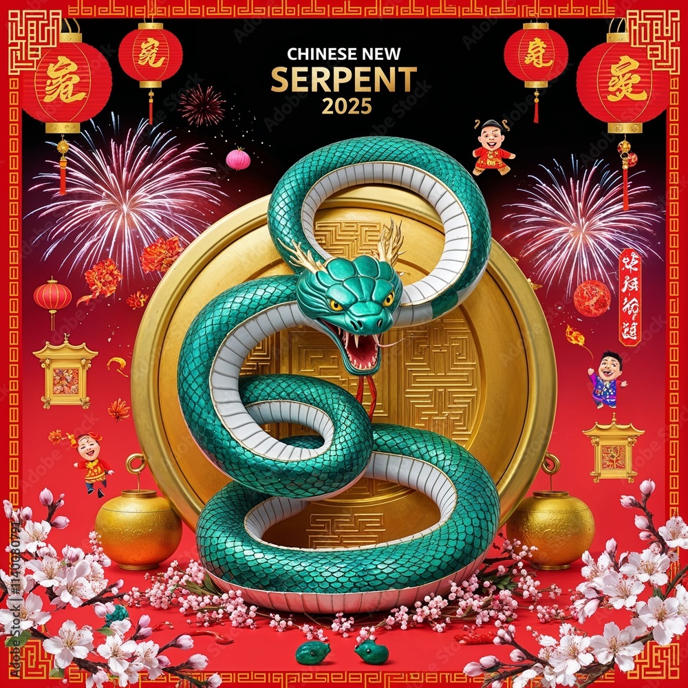 Guirlande Décorative Nouvel An Chinois 2025 – Serpent, Motifs Traditionnels, Longueur 1,8 M