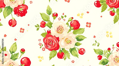 Wallpaper Mural Red   Cream Floral Pattern  Seamless Design  Cherry Blossoms  Roses Torontodigital.ca
