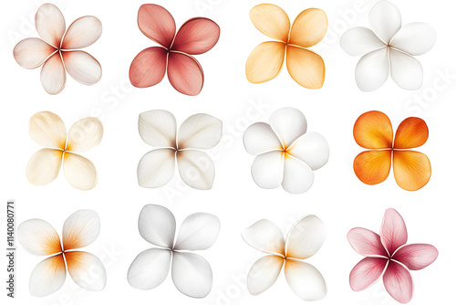  Frangipani bloom flowers collection top view isolated on white background