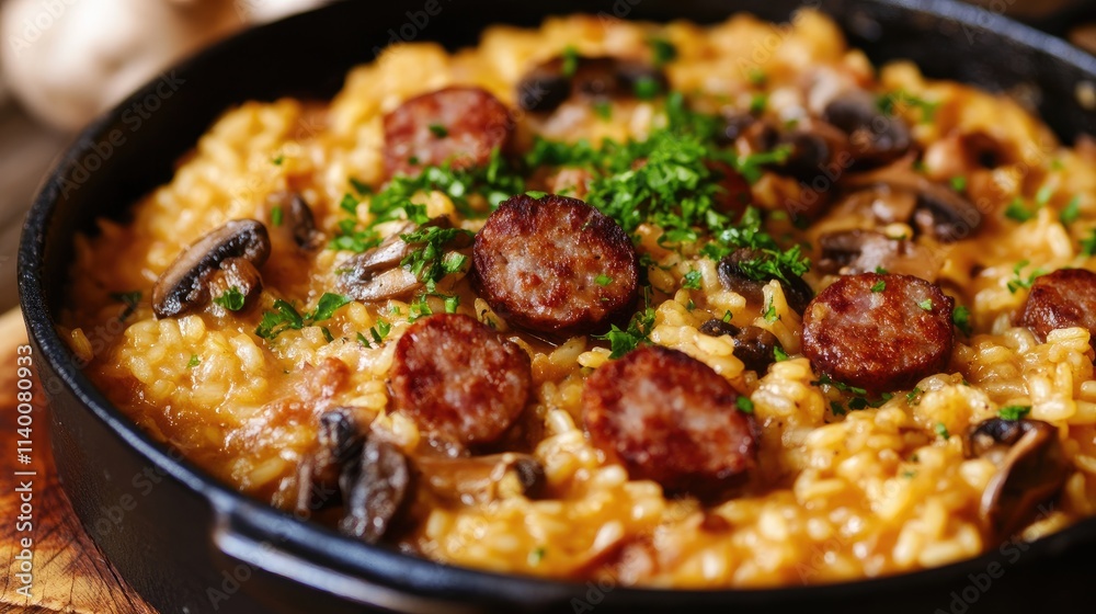 Savory risotto featuring sausages and mushrooms garnished with fresh herbs in a rustic skillet setting Savory risotto featuring sausages and mushrooms garnished with fresh herbs in a rustic skillet setting
