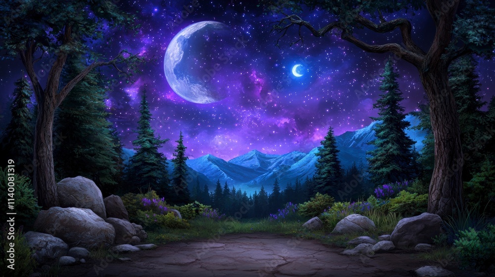 Obraz premium Magical Night Forest Mountains Stars Moon Fantasy Landscape Wallpaper
