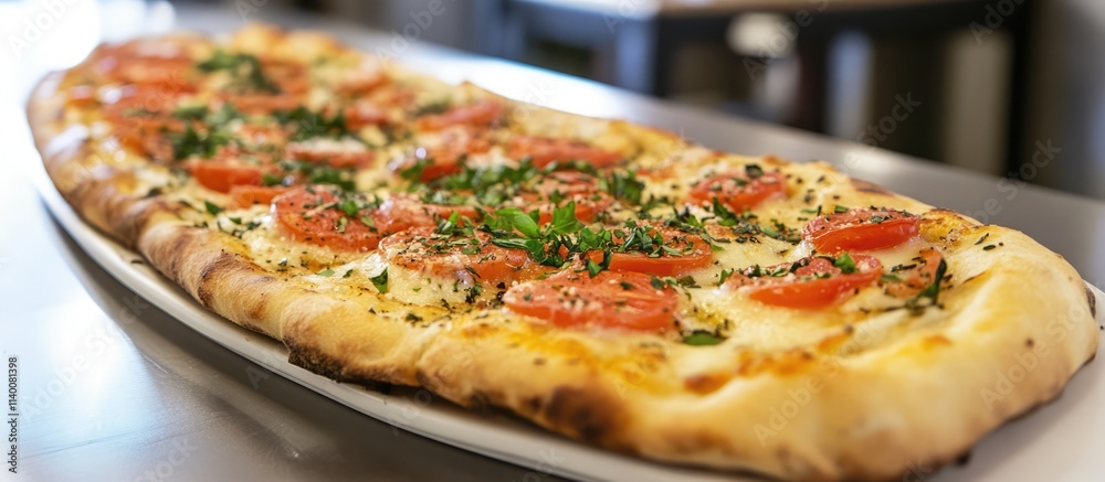 Delicious gourmet pizza topped with fresh tomatoes and herbs served on a white platter in a restaurant setting Delicious gourmet pizza topped with fresh tomatoes and herbs served on a white platter in a restaurant setting