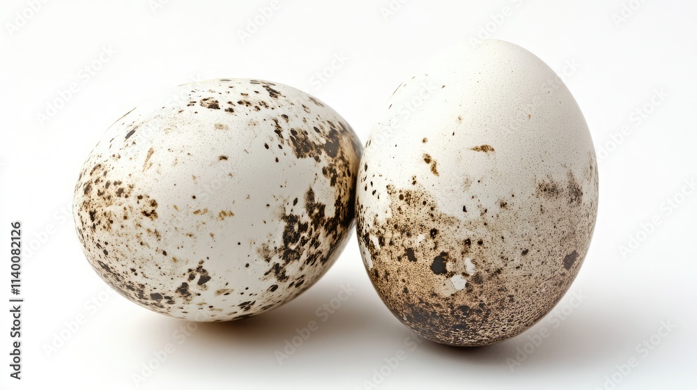 Dirty speckled eggs on a clean white background showcasing natural textures and imperfections in a minimalistic composition Dirty speckled eggs on a clean white background showcasing natural textures and imperfections in a minimalistic composition