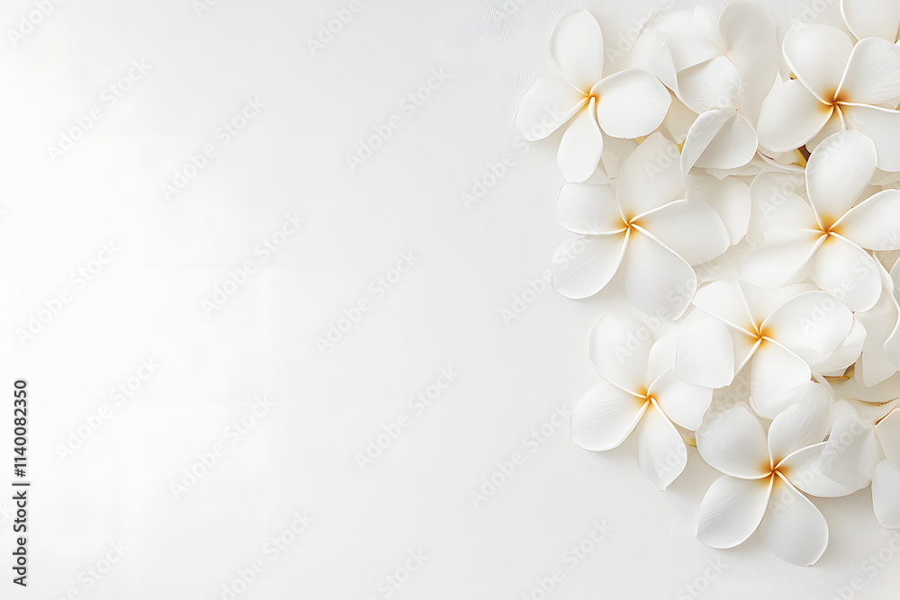 White Frangipani flowers frame top view isolated on white background White Frangipani flowers frame top view isolated on white background