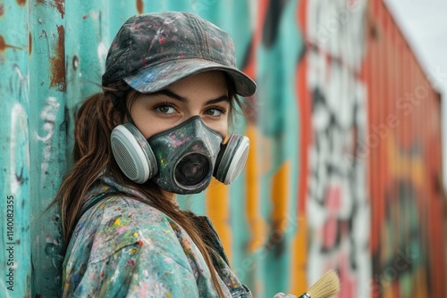 A young female street artist wearing a respirator mask, paint-splattered clothes, and a cap, stands before a graffiti-covered wall. photo