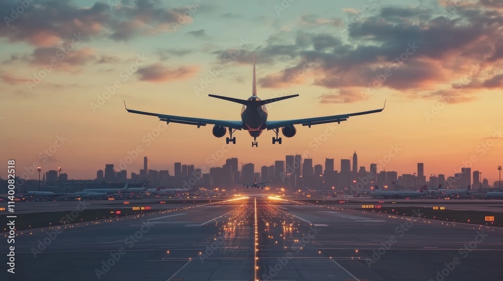 Airplane Landing at Sunset in a Metropolitan Area Airplane Landing at Sunset in a Metropolitan Area