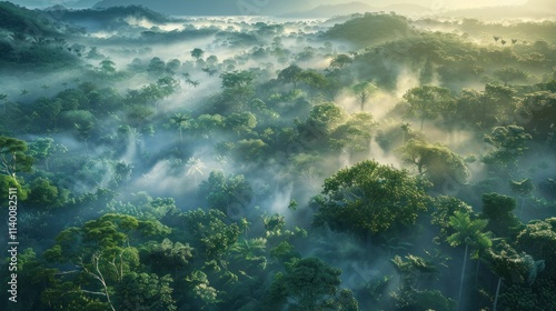 Misty Rainforest Sunrise: An Aerial View of Tropical Jungle Awakens