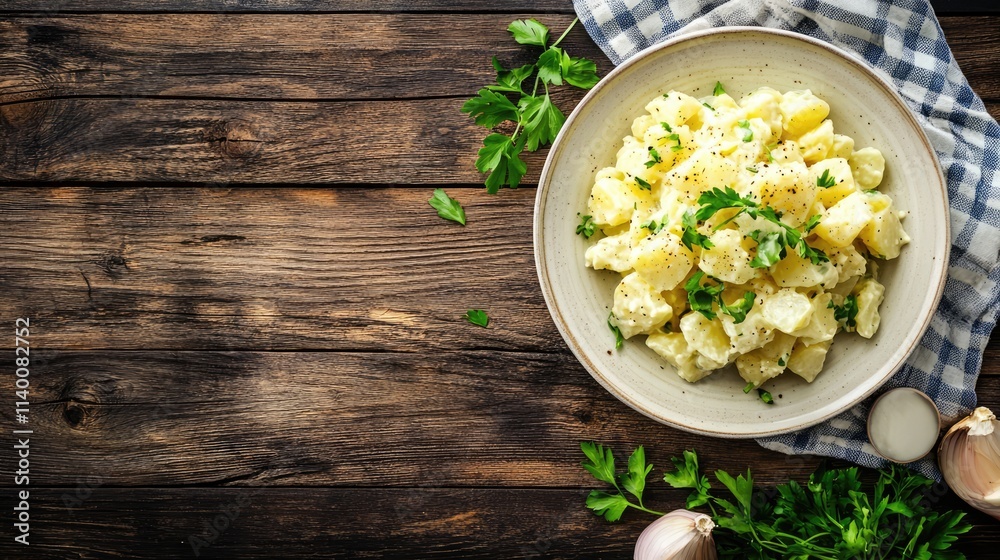 Potato salad served in a bowl on rustic wooden table with fresh herbs and garlic for a family dinner setting with ample copy space Potato salad served in a bowl on rustic wooden table with fresh herbs and garlic for a family dinner setting with ample copy space
