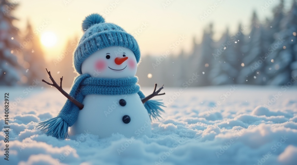 Obraz premium Peaceful Sunrise Snowman in Snowy Meadow