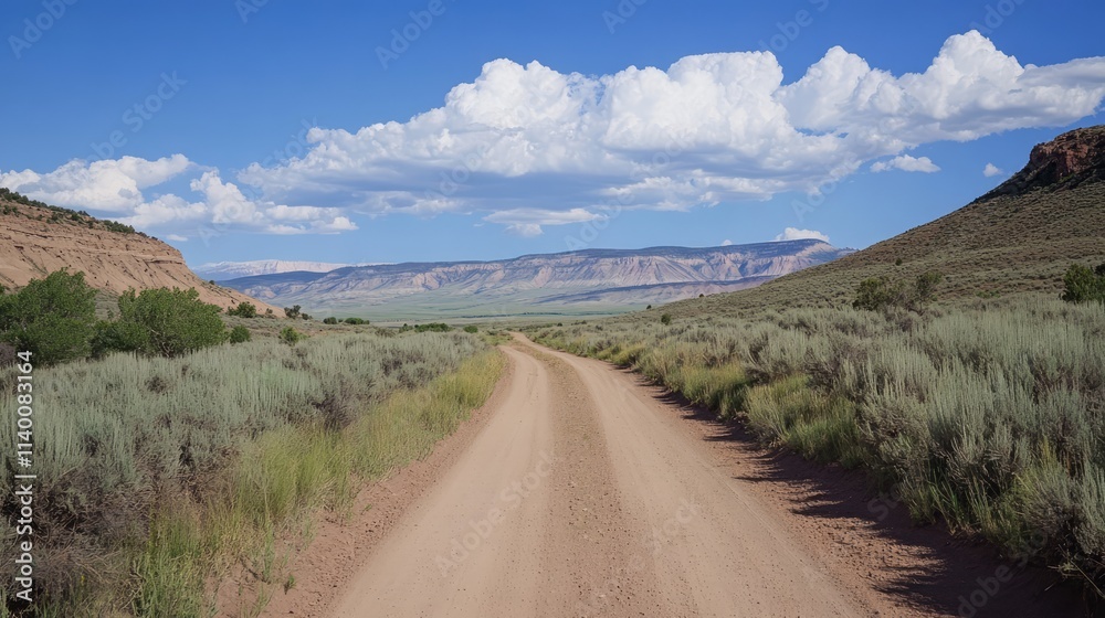 Scenic dirt road winding through lush landscape under a vibrant blue sky with fluffy clouds and mountains in the background Scenic dirt road winding through lush landscape under a vibrant blue sky with fluffy clouds and mountains in the background