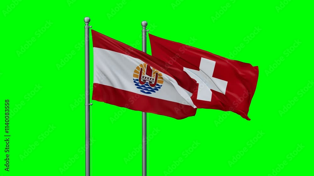 Switzerland and French Polynesia flags flying together, video concept of the relationship with colored chroma key for easy background remove, two country cooperation concept Switzerland and French Polynesia flags flying together, video concept of the relationship with colored chroma key for easy background remove, two country cooperation concept