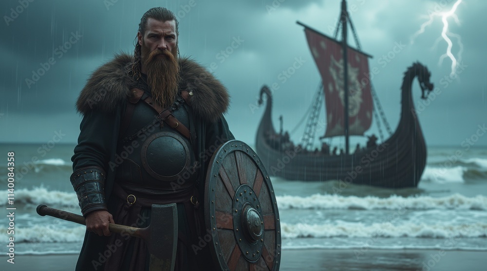 Naklejka premium Fierce Viking Warrior in a Storm