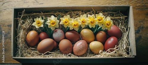 Easter eggs in various colors alongside vibrant daffodils arranged in a rustic box filled with straw for festive spring decor. photo