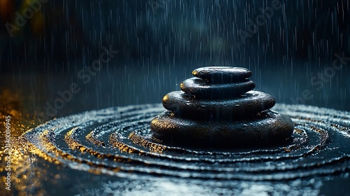 Tranquil Zen Garden with Soft Rain Falling on Raked Sand and Stones Symbolizing Nature s Cleansing Rhythm photo