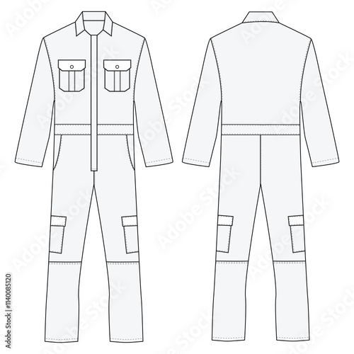 Protective Working jumpsuit set fashion flat technical sketch template vector design