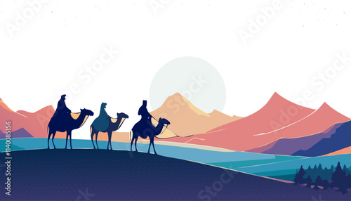 Landscape with three people riding camels and mountains at sunset. Vector illustration.