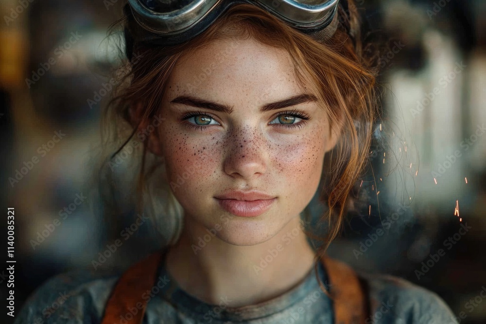 A young woman with freckles, wearing goggles, looks directly at the camera in a close-up portrait.