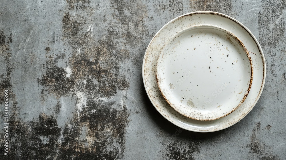 Dirty abandoned white plate with food remnants on a textured grey surface after a meal setting Dirty abandoned white plate with food remnants on a textured grey surface after a meal setting