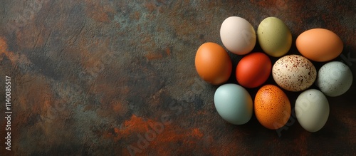 Easter eggs in various colors arranged on a rustic table for holiday decoration with ample copy space for festive food themes photo