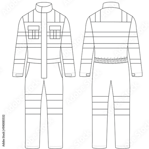 Protective Working jumpsuit set fashion flat technical sketch template vector design