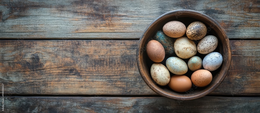 Colorful Easter eggs arranged in a rustic wooden bowl on a textured wooden surface for a festive spring celebration theme Colorful Easter eggs arranged in a rustic wooden bowl on a textured wooden surface for a festive spring celebration theme
