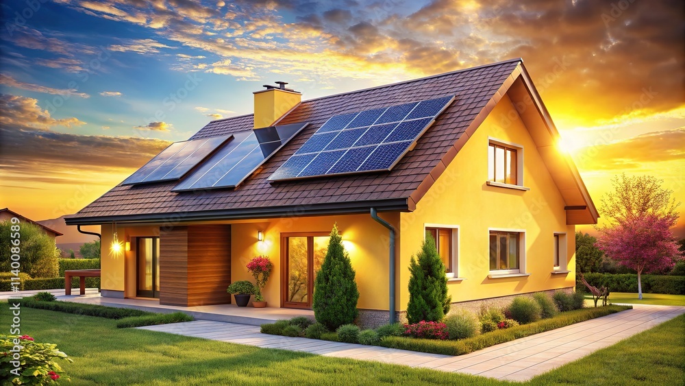 Modern Sustainable Smart Home with Solar Panels & Energy Data - AI Photo Modern Sustainable Smart Home with Solar Panels & Energy Data - AI Photo