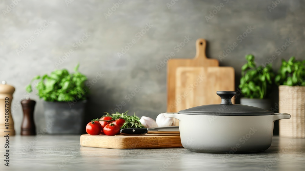 A stylish kitchen scene featuring a pot, fresh vegetables, and herbs on a wooden cutting board against a modern backdrop. A stylish kitchen scene featuring a pot, fresh vegetables, and herbs on a wooden cutting board against a modern backdrop.