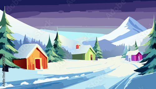 Winter landscape with snowy road and houses. Vector illustration in flat style