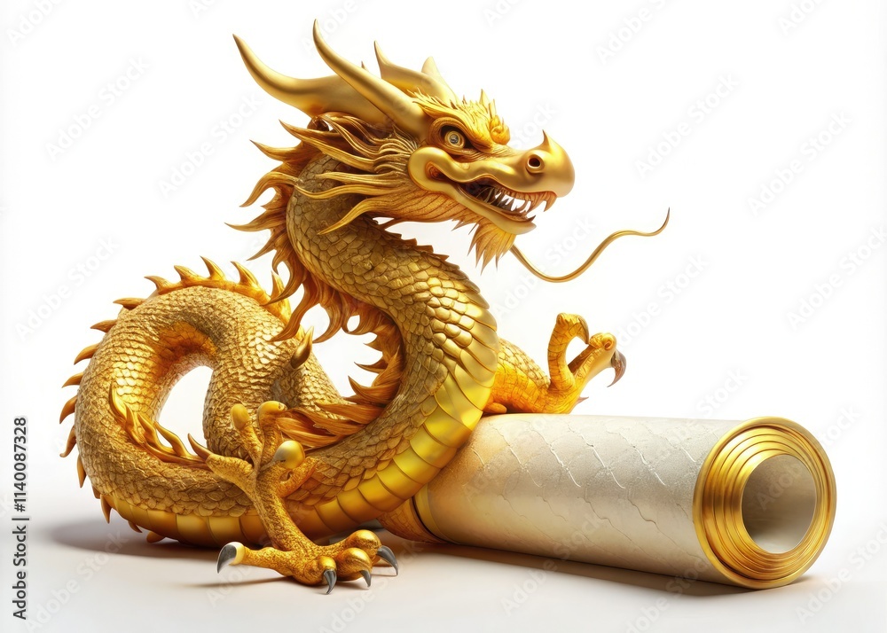 Fototapeta premium Ancient scroll, white backdrop: a fantasy golden dragon, oriental and majestic, its myth brought to life.