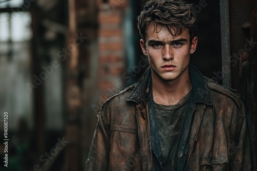 A young man with a serious expression, wearing a dirty leather jacket, stands in a grunge setting.