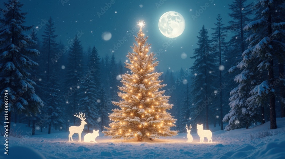 Fototapeta premium Majestic Christmas Tree in a Moonlit Snow-Covered Forest Clearing