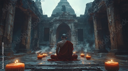 Monk Meditating in Mystical Ancient Temple with Flickering Candles Symbolic of Spirituality and Inner Reflection