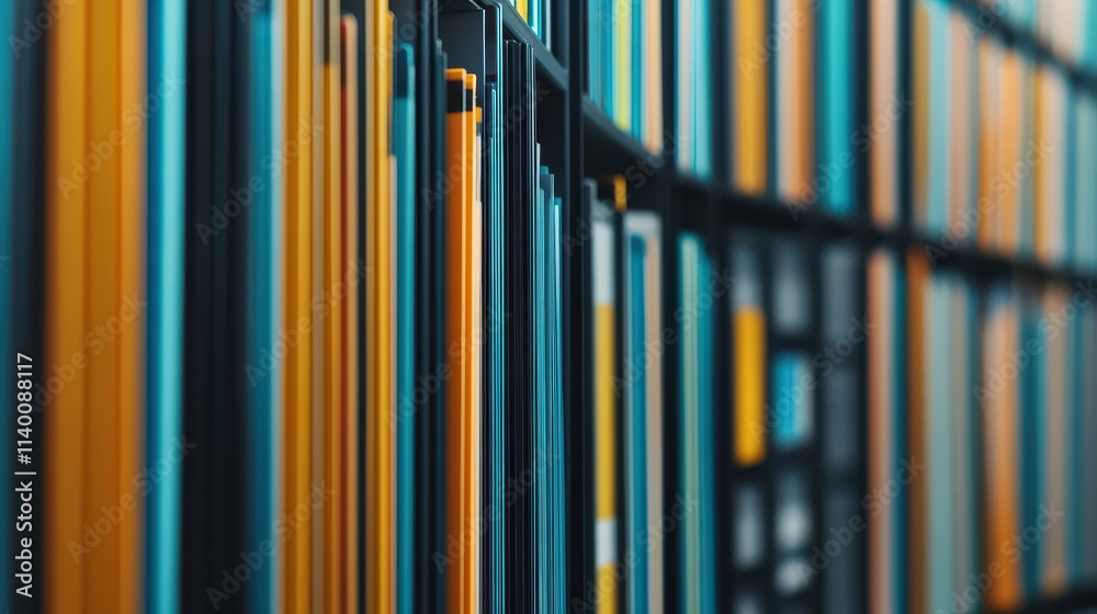 Obraz premium A close-up view of colorful file folders organized neatly on a shelf, showcasing vibrant hues and a modern aesthetic.