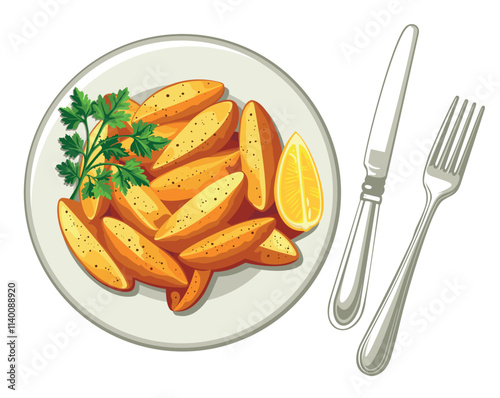 Fried potato country-style on white plate. Vector illustration