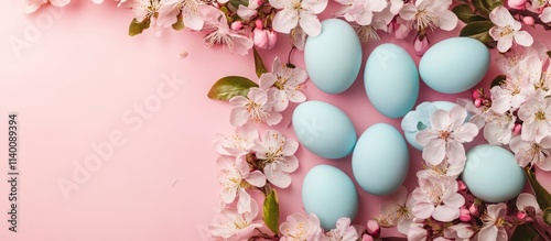 Easter light blue eggs surrounded by flowers on a pink background ideal for spring holiday greeting card design aerial view photo