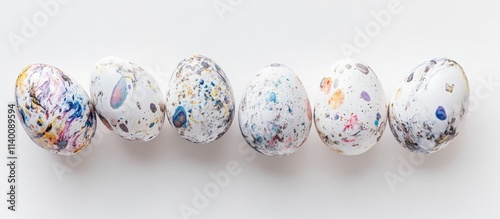 Easter decorated eggs in a row on a white background showcasing vibrant colors for festive spring holiday celebrations photo