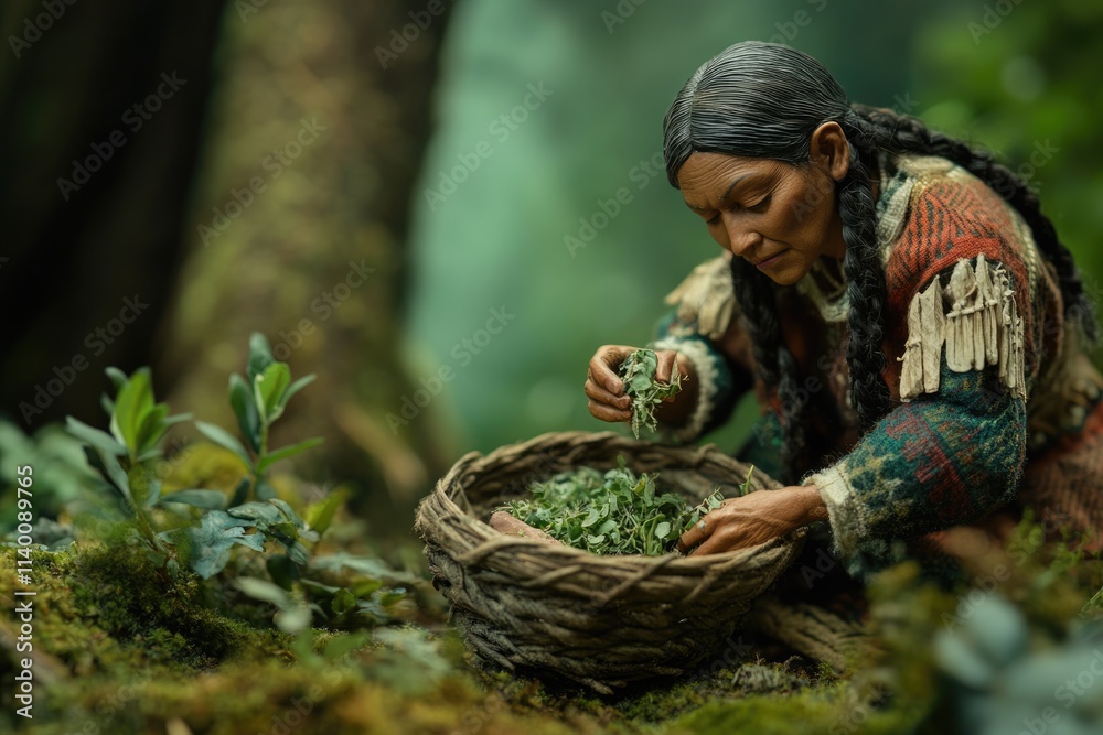 Native American woman gathers herbs in a forest, showcasing traditional knowledge and connection with nature. Native American woman gathers herbs in a forest, showcasing traditional knowledge and connection with nature.