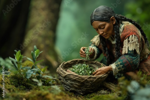 Native American woman gathers herbs in a forest, showcasing traditional knowledge and connection with nature.