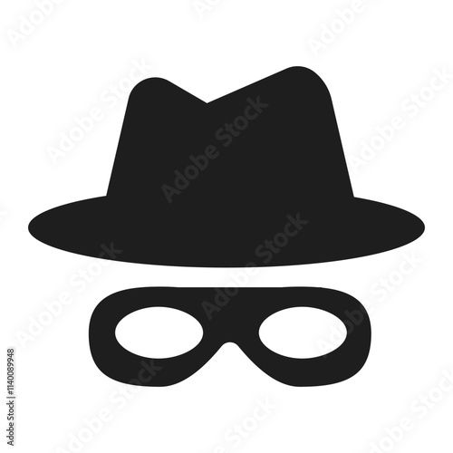 Incognito mask, villain or robber hide face element, black silhouette mystery costume with hat icon. Superhero or carnival bandit burgar 