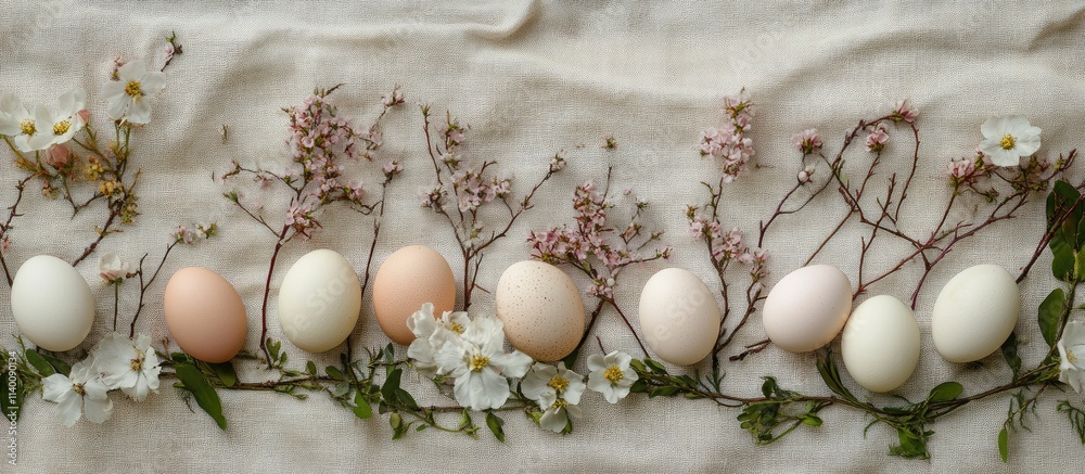 Easter flat lay with natural dyed eggs and spring flowers on linen backdrop ideal for seasonal greetings and text placement. Easter flat lay with natural dyed eggs and spring flowers on linen backdrop ideal for seasonal greetings and text placement.