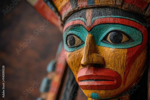 Intricate Native American wooden mask, vibrant colors, detailed carving, cultural heritage.
